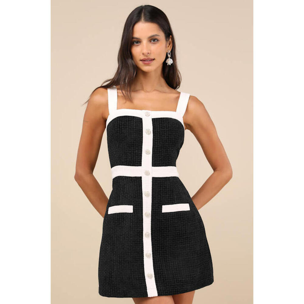 Lulus Divine Luxury Black And White Tweed Pearl Mini Dress - Size M - NEW